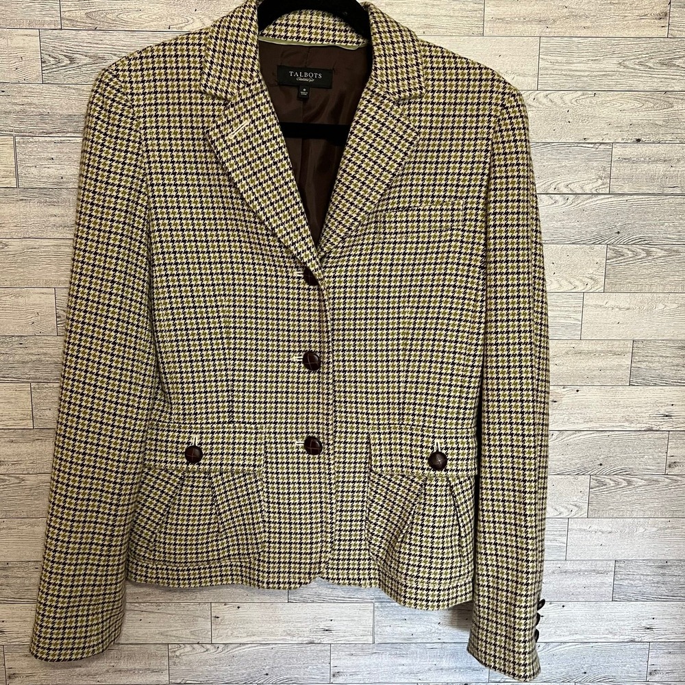 Green/Brown Houndstooth Size 8 Talbot's Black Label Women Jacket LeatherButtons
